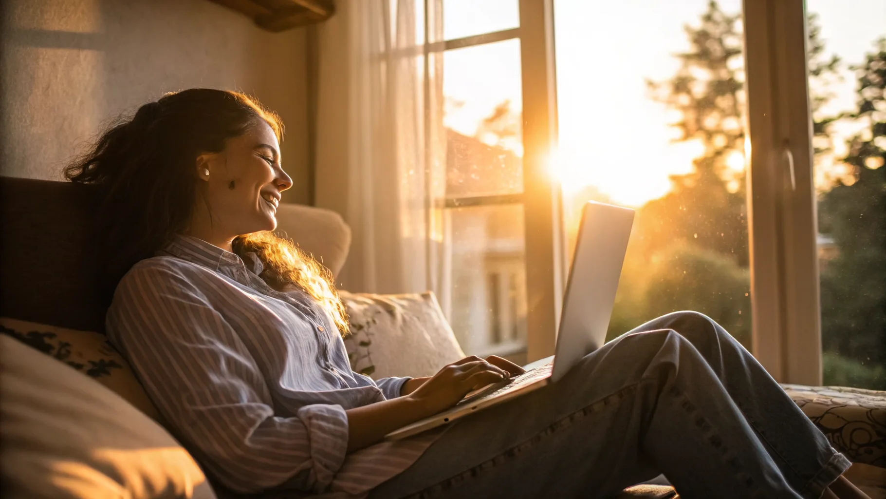 Online psychiatry and therapy visit in a warm, sunlit setting