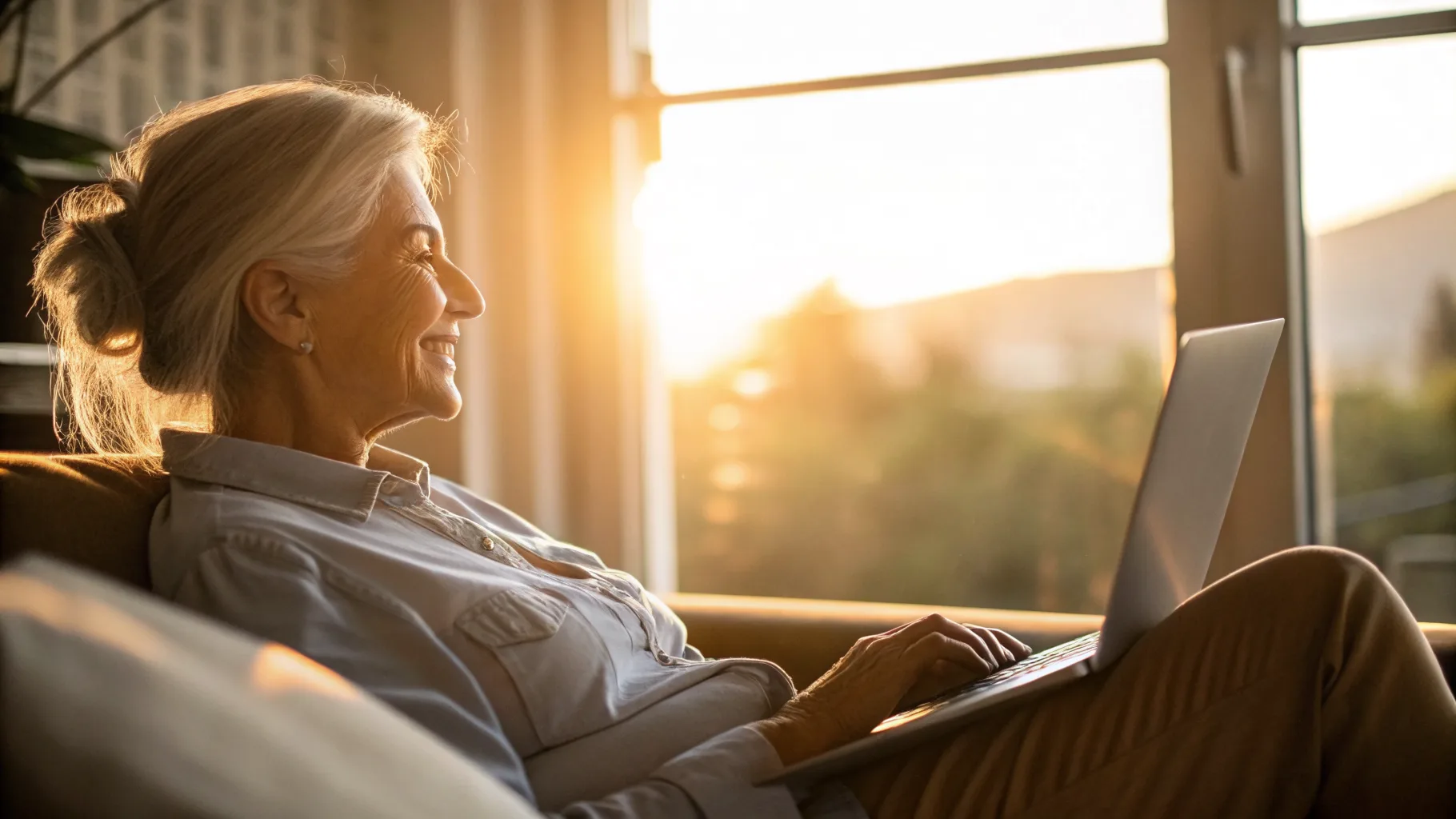 Online psychiatry and therapy visit in a warm, sunlit setting