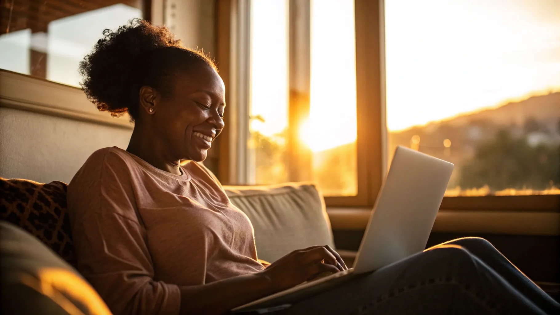 Online psychiatry and therapy visit in a warm, sunlit setting