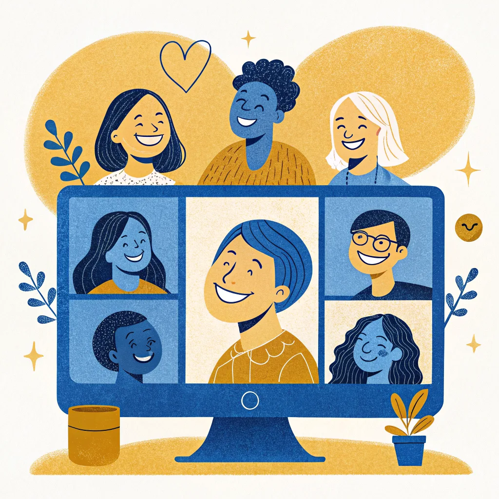 Illustration of a warm, friendly virtual group therapy session in a video-call grid