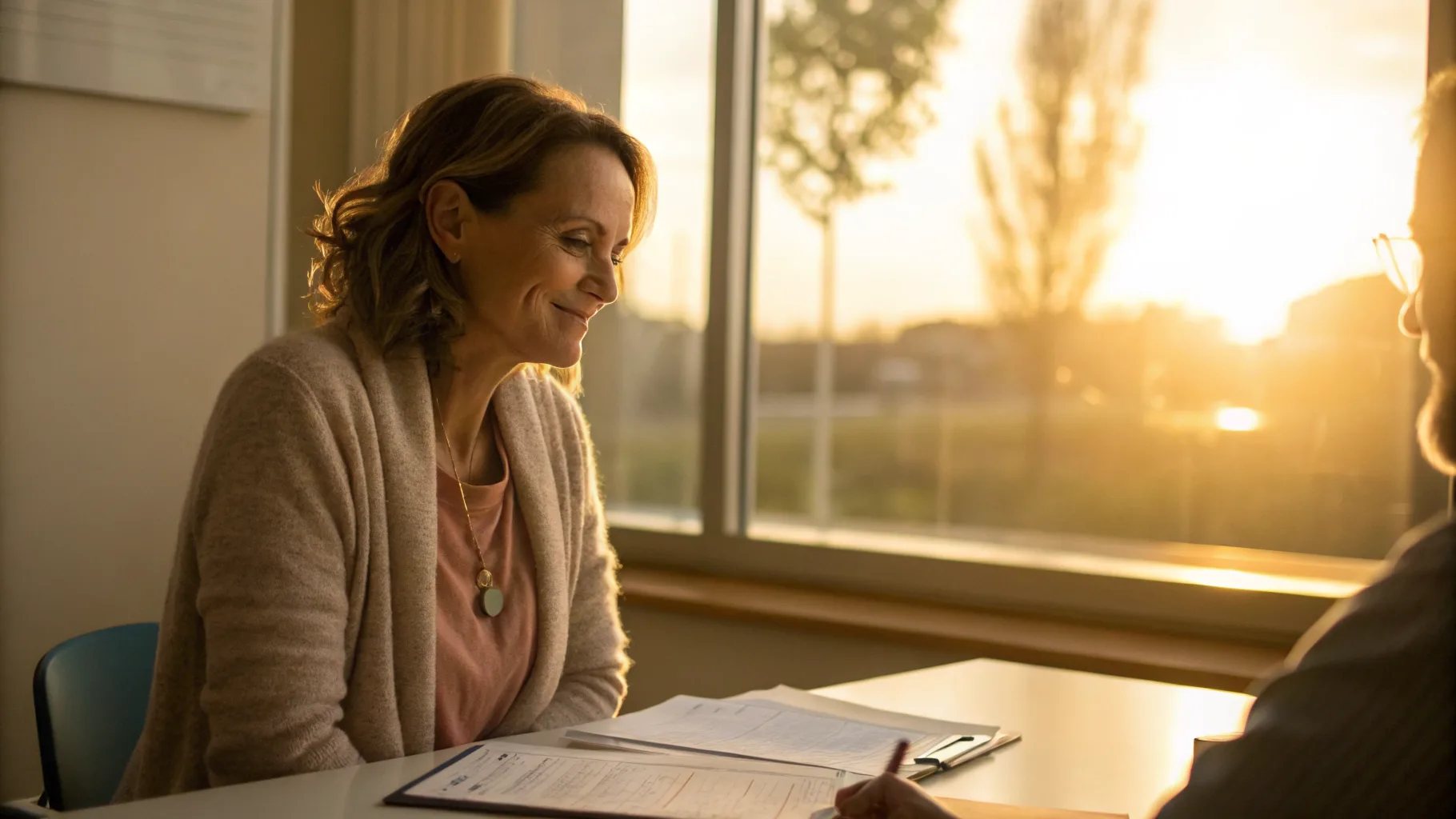 Online psychiatry and therapy visit in a warm, sunlit setting