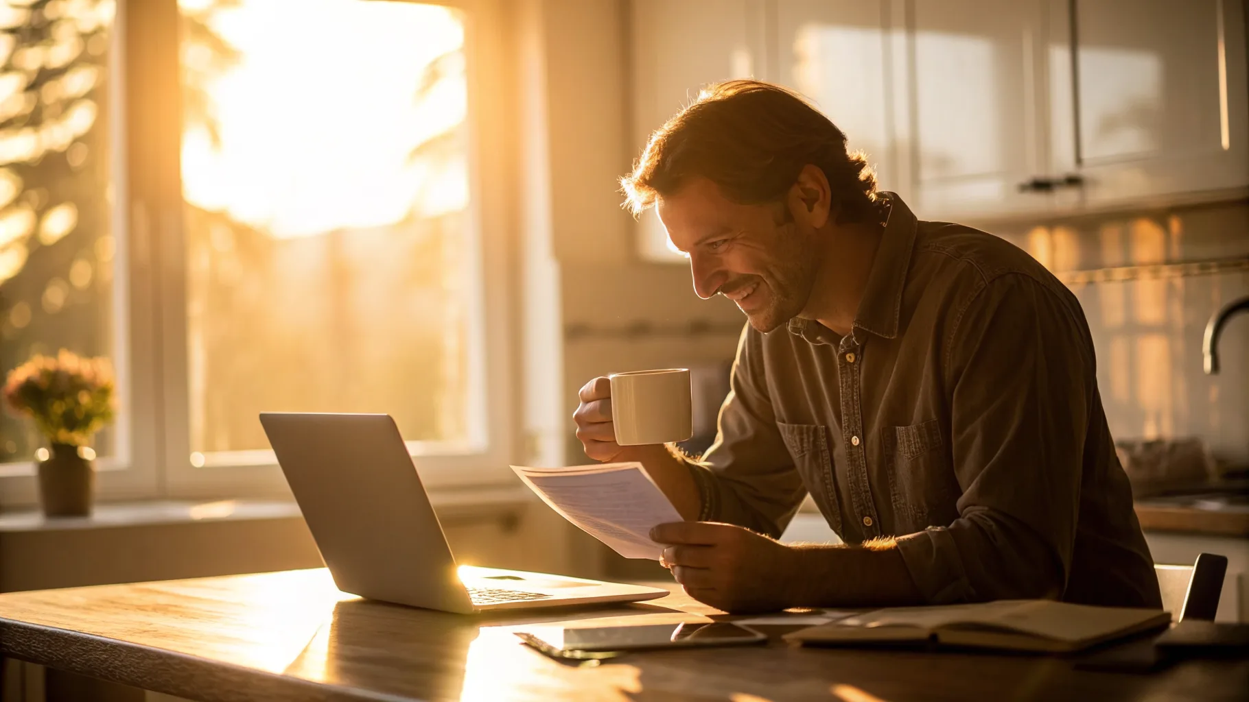 Online psychiatry and therapy visit in a warm, sunlit setting
