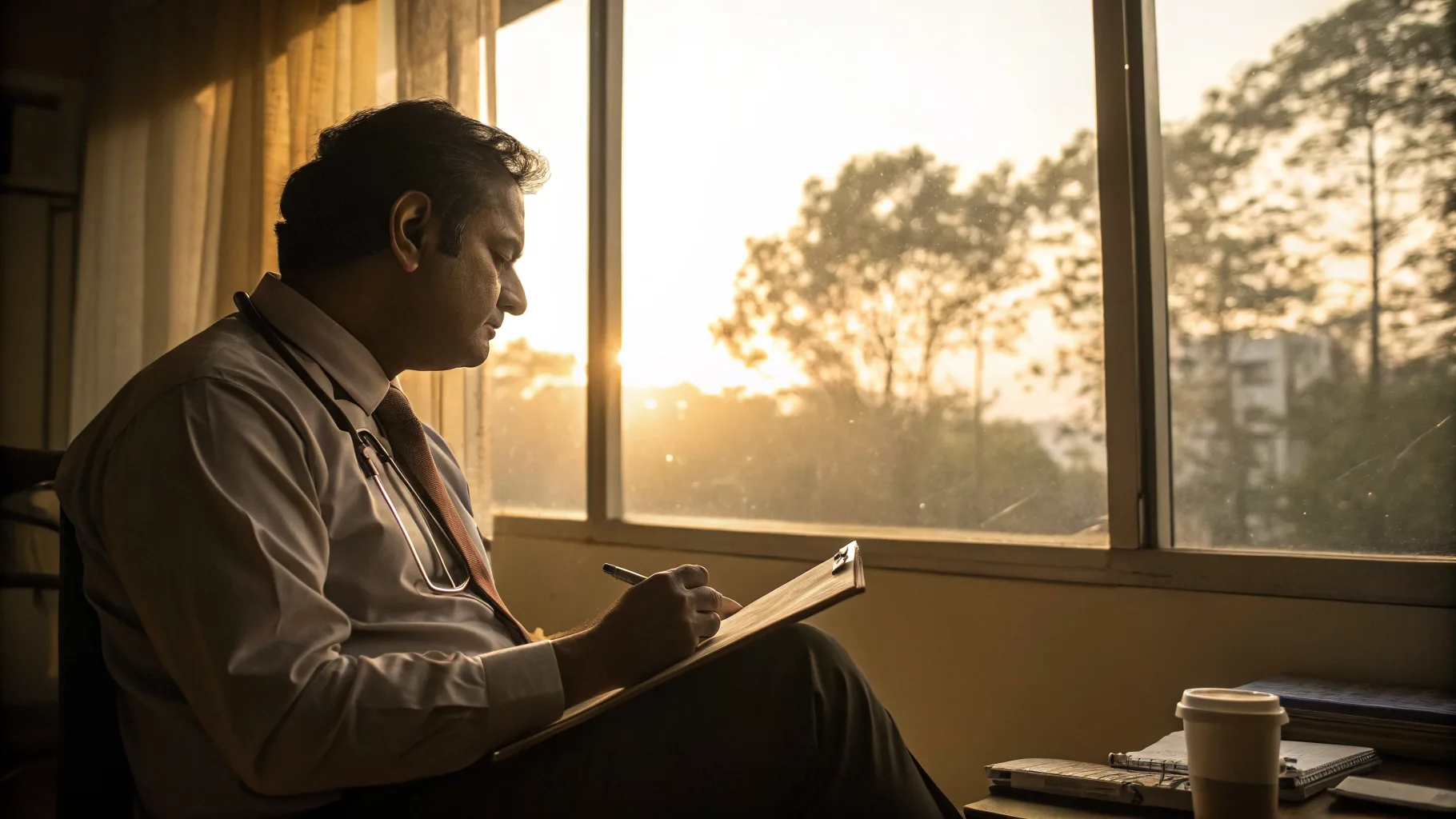 Online psychiatry and therapy visit in a warm, sunlit setting
