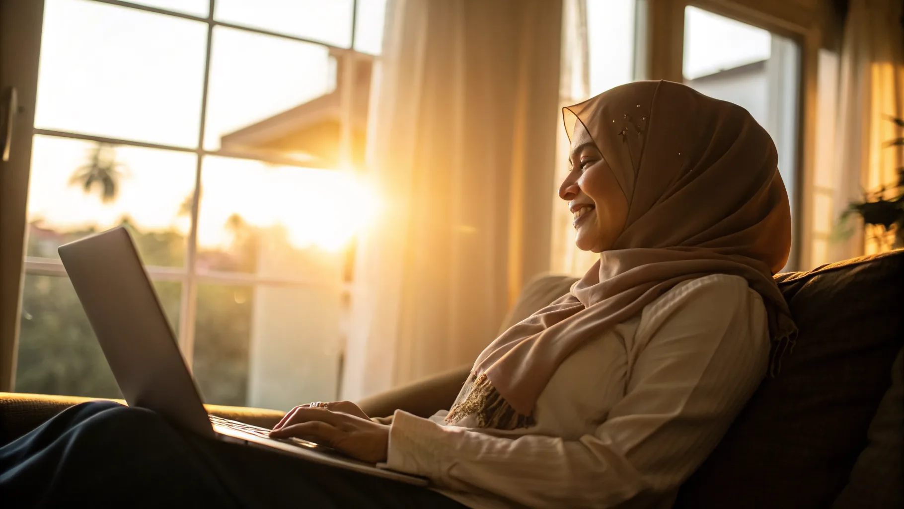 Online psychiatry and therapy visit in a warm, sunlit setting