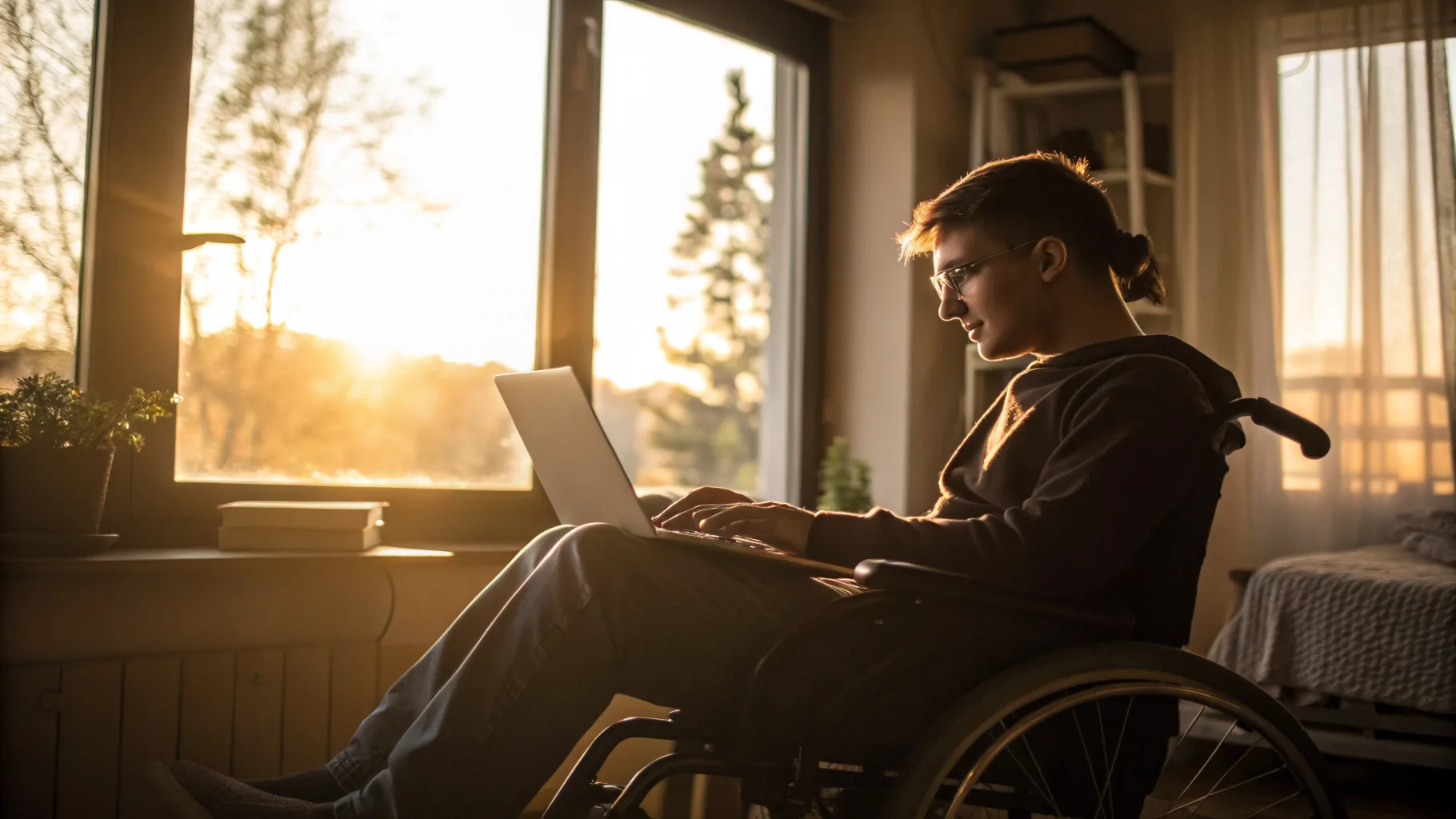 Online psychiatry visit in a warm, sunlit home office
