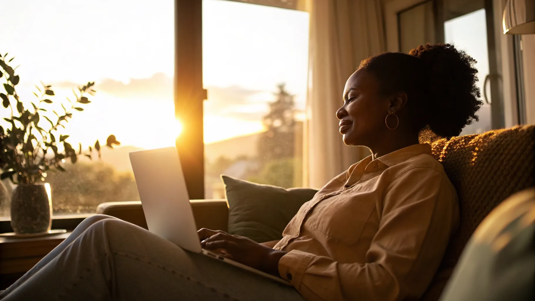 Online psychiatry visit in a warm, sunlit home office