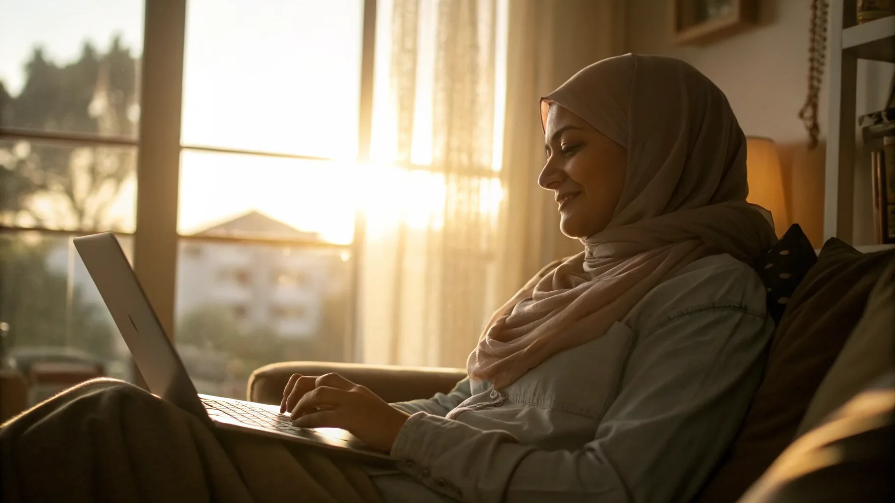 Online psychiatry visit in a warm, sunlit home office