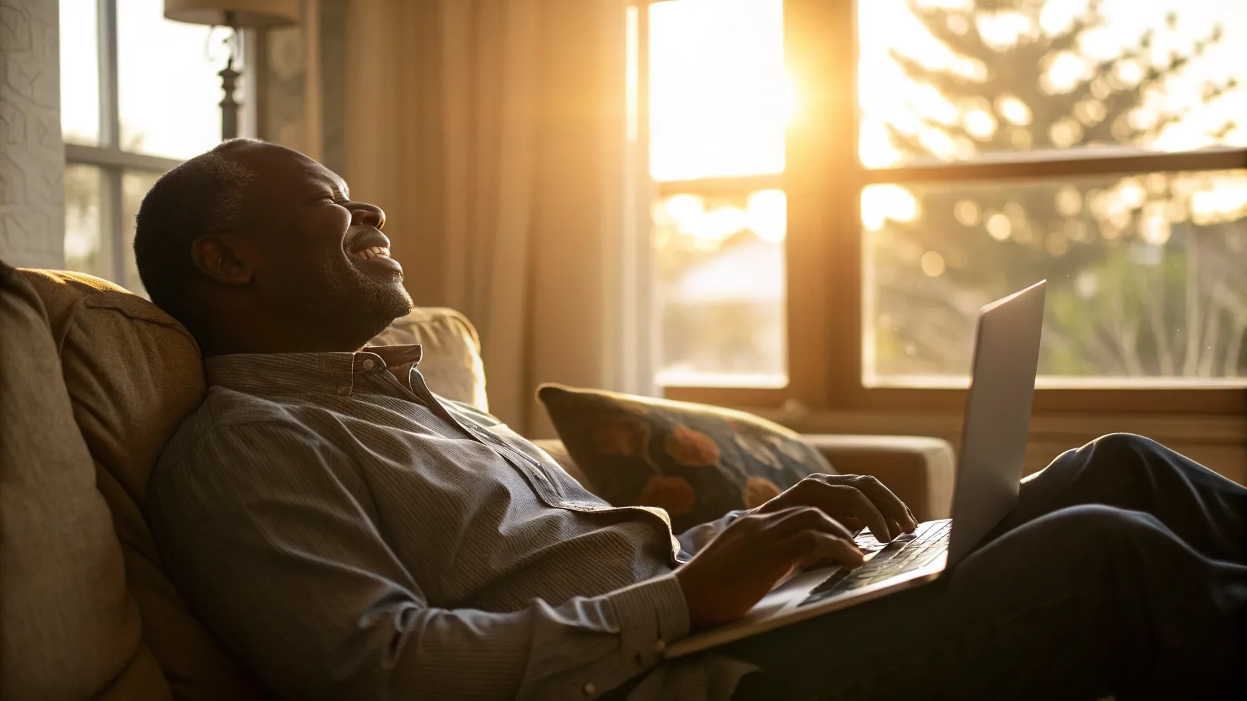 Online psychiatry visit in a warm, sunlit home office