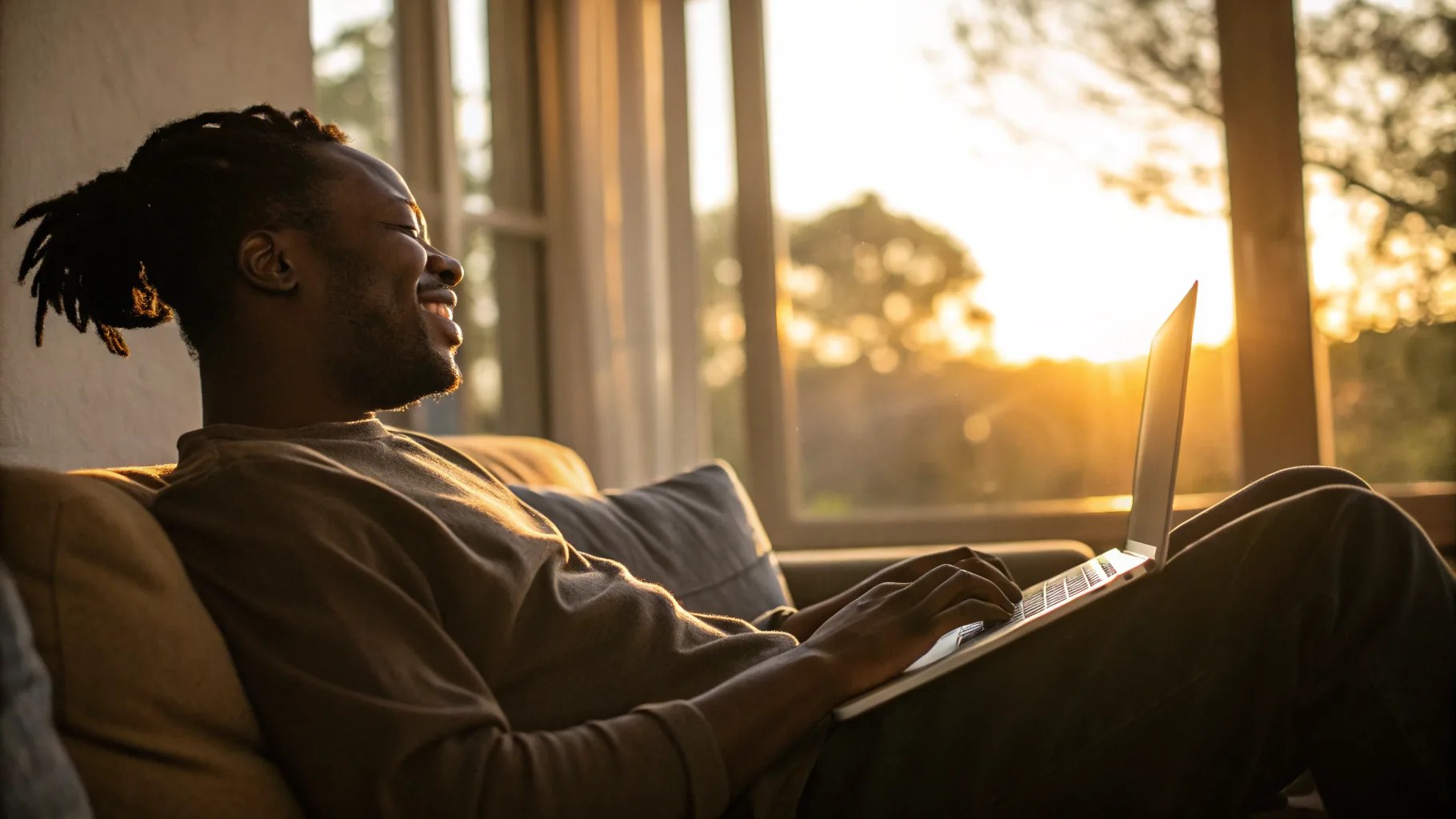 Online psychiatry visit in a warm, sunlit home office