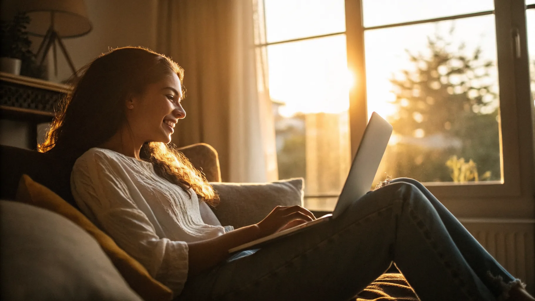 Online psychiatry visit in a warm, sunlit home office