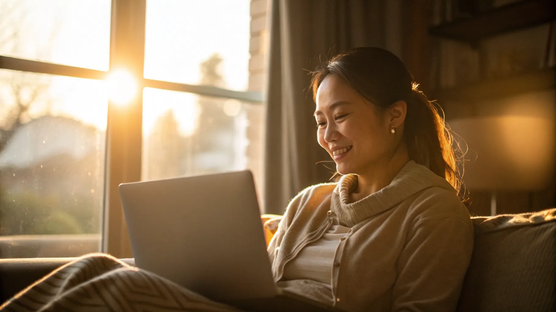 Online psychiatry visit in a warm, sunlit home office