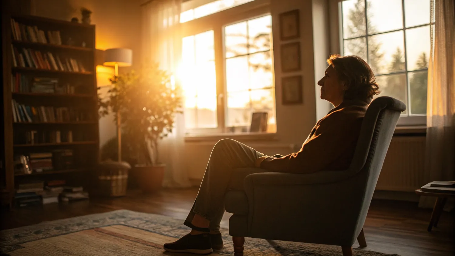 Person at ease during an online psychiatry session in a warm, sunlit office