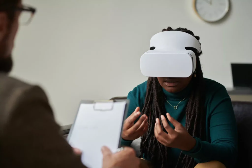 a woman wearing a vr headset